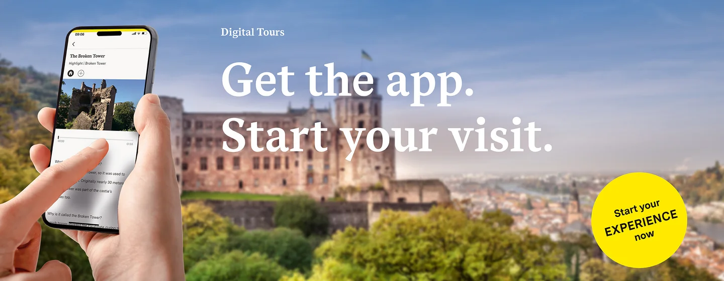 Motiv: Staaliche Schlösser und Gärten Baden-Württemberg, Illustration: JUNG:Kommunikation GmbH Heidelberg Castle, advertising banner for the app "Monument BW"